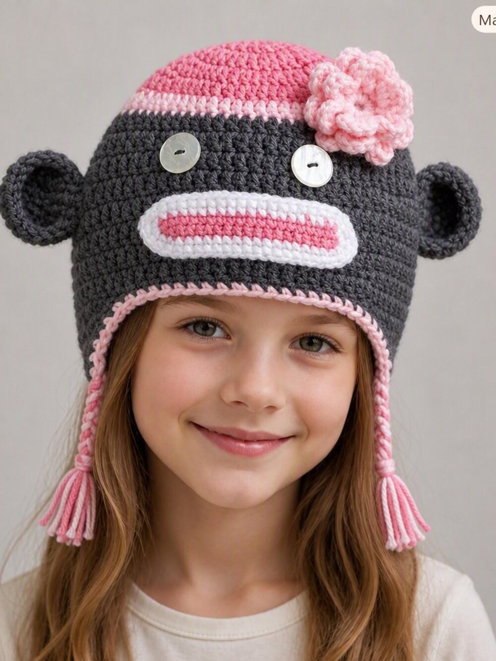 Sock Monkey handmade crocheted hat | pink and gray | newly made